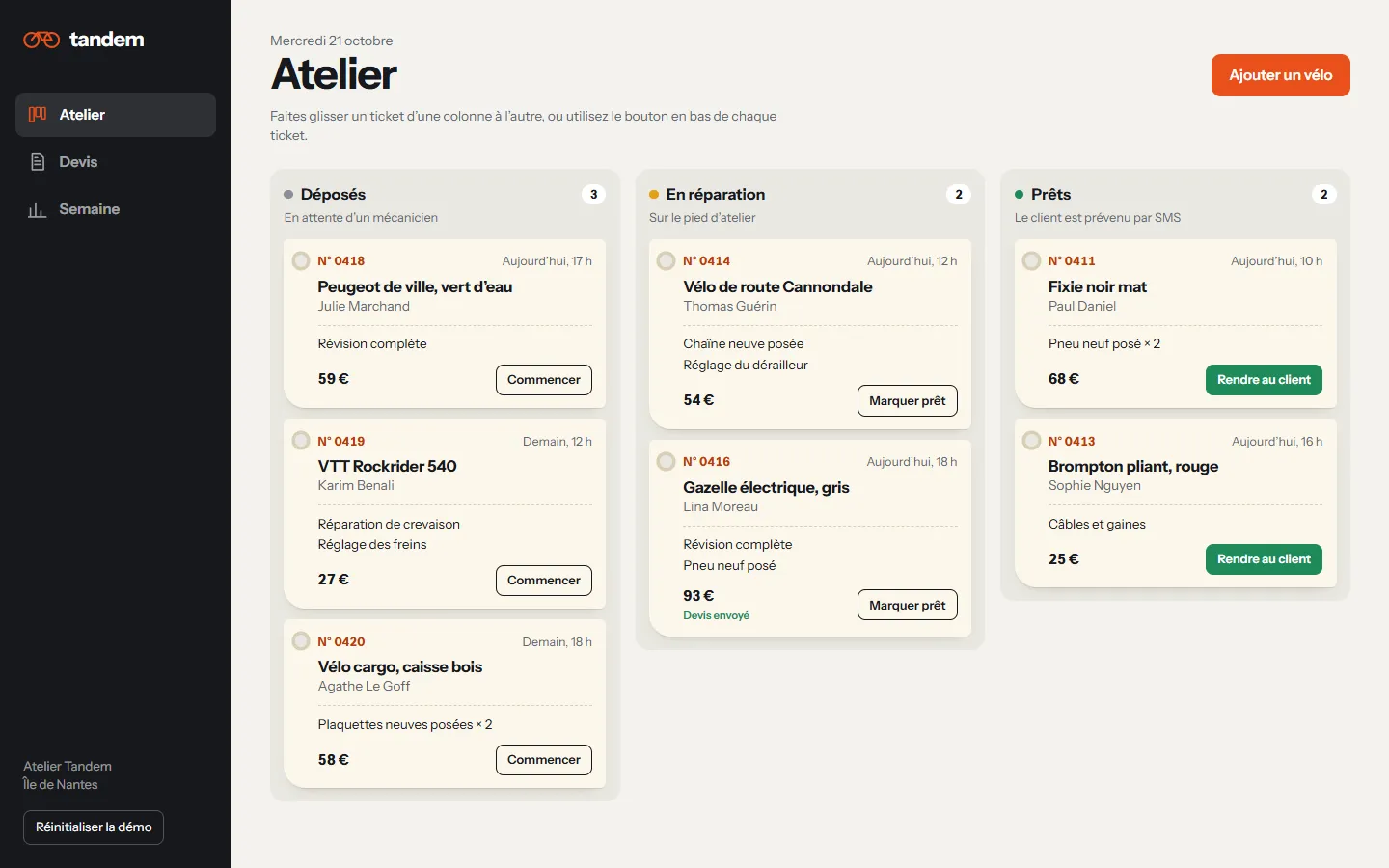 Application Tandem : trois colonnes de tickets d’atelier, déposés, en réparation et prêts